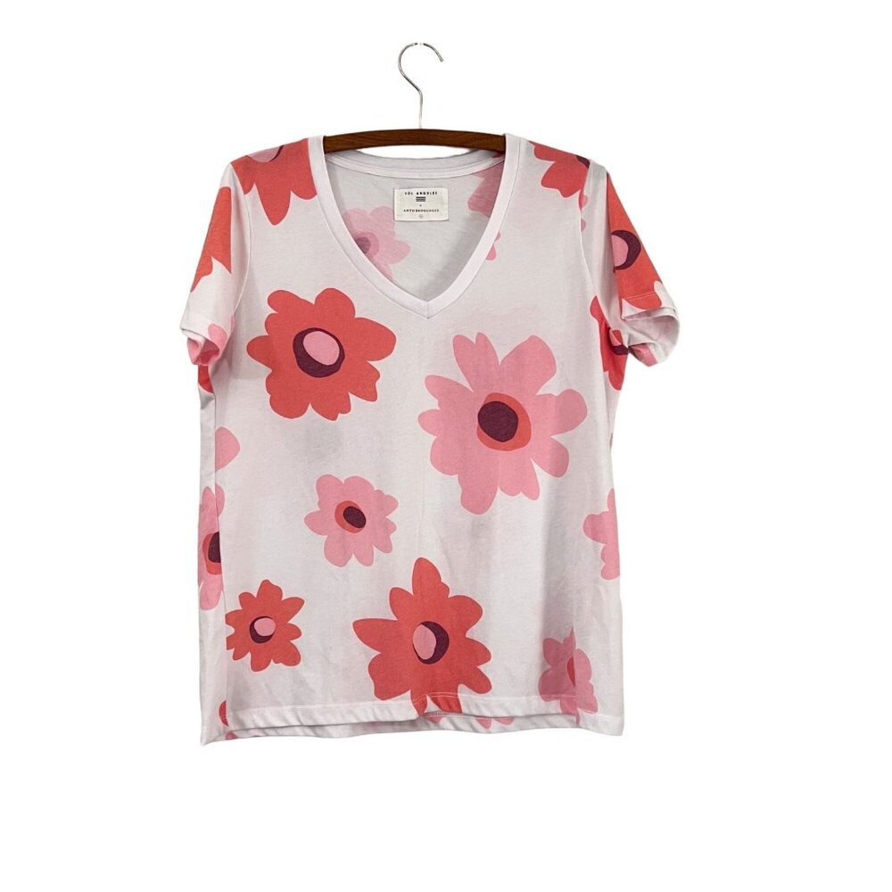 Sol Angeles X Anthropologie Womens Pink Floral V-neck Short Sleeve Tshirt M